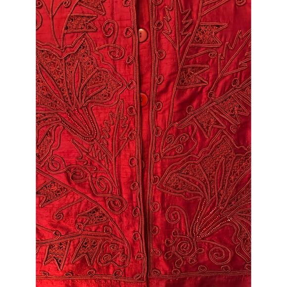 Vintage Norm Thompson Ruby Red Silk Embroidered Holiday Festive Jacket Size M - Picture 9 of 9